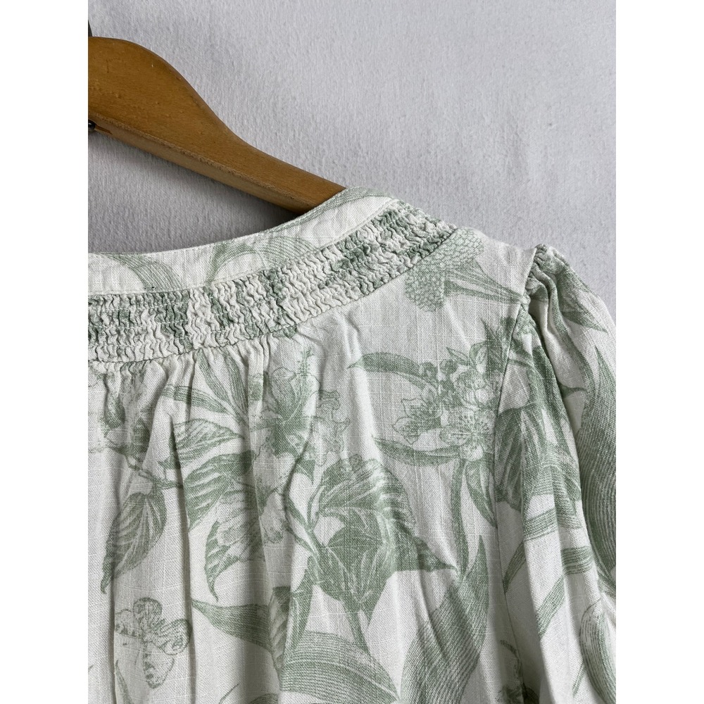 Sage Green Floral Linen Blend Smocked Puff Sleeve Blouse Size Large - Picture 10 of 10